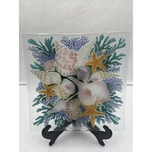 Peggy Karr Seashells Square Fused Glass Plate- 9 3/4", artist Diane Johnston